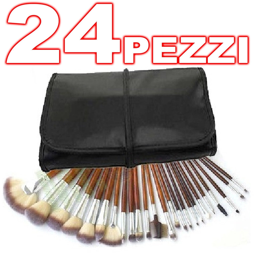 Trade Shop - Kit 24 Pennelli Trucco Make Up Pochette Portapennelli In Ecopelle Professionale -