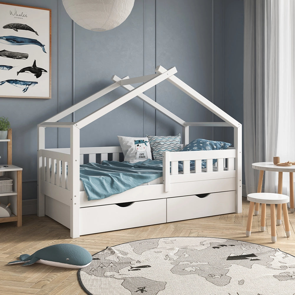 Vitalispa Letto montessori bambini Bianco 80x160 cm con 2 cassetti e materasso