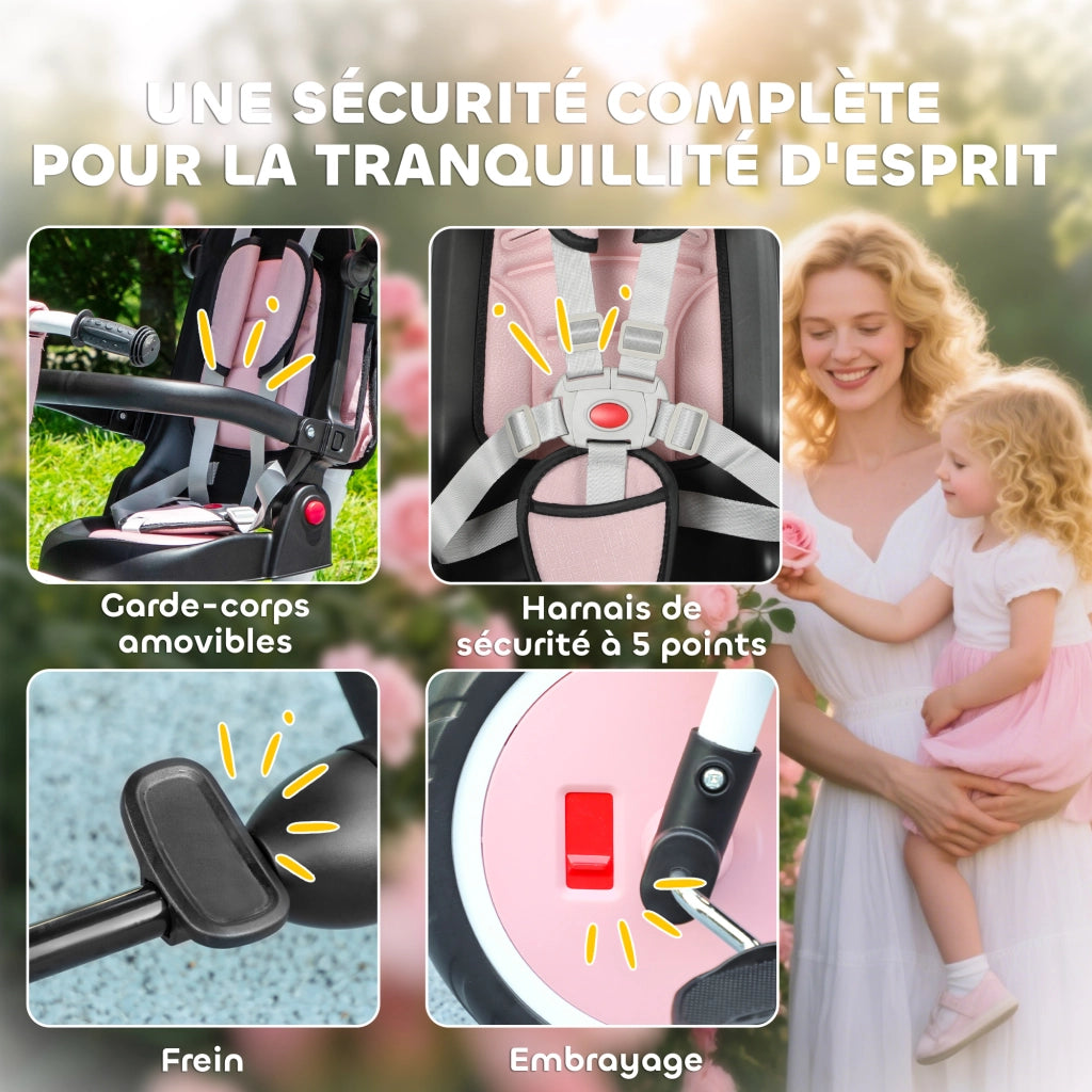 Triciclo Bambini 6 in 1 Pieghevole con Maniglia Regolabile ¨C zephmum ¨C Rosa