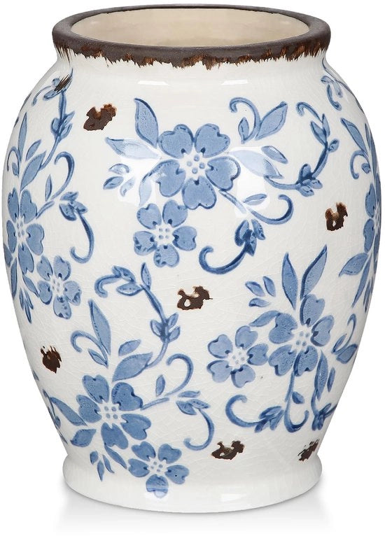Vaas Porseleina 17,5 cm in Stile Rustico con Motivi Blu e Bianco per Fiori Secchi, Pampasgras, Hortensia, Tulipani e Lavanda Decorazione per la Camera in Stile Rurale