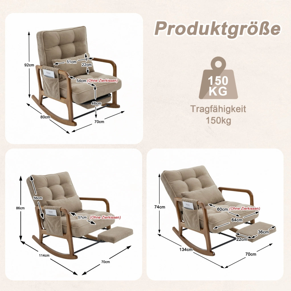 Poltrona a dondolo con poggiapiedi; schienale reclinabile a 3 posizioni; 70x80x92 cm; in corduroy kaki