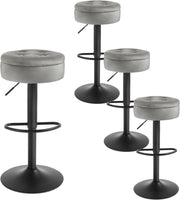 Set di 4 Sgabelli da Cucina, Sgabelli da Bar Alti con Spazio Contenitivo, Sedia Regolabili in Altezza e Girevoli a 360°, per Cucina Sala da Pranzo Bar Bancone, Velluto, Metallo, Grigio Chiaro