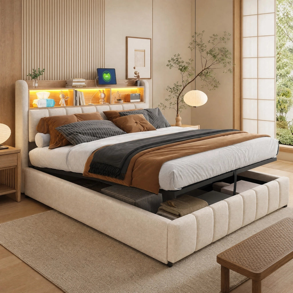 Letto imbottito 180x200 cm con LED regolabili, contenitore idraulico e porte USB