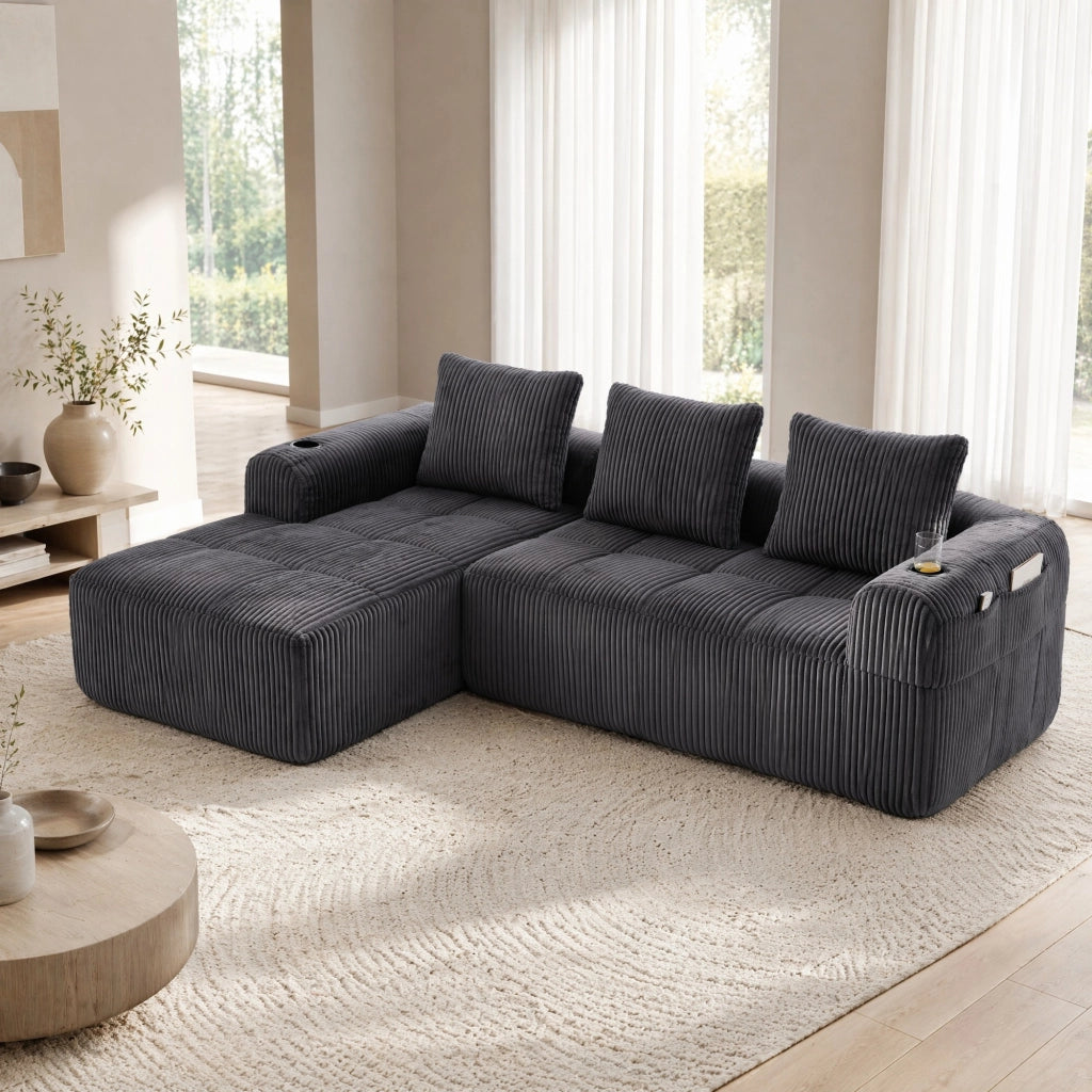 DIVANO modulare 253x158x61 cm tessuto a coste grigio scuro