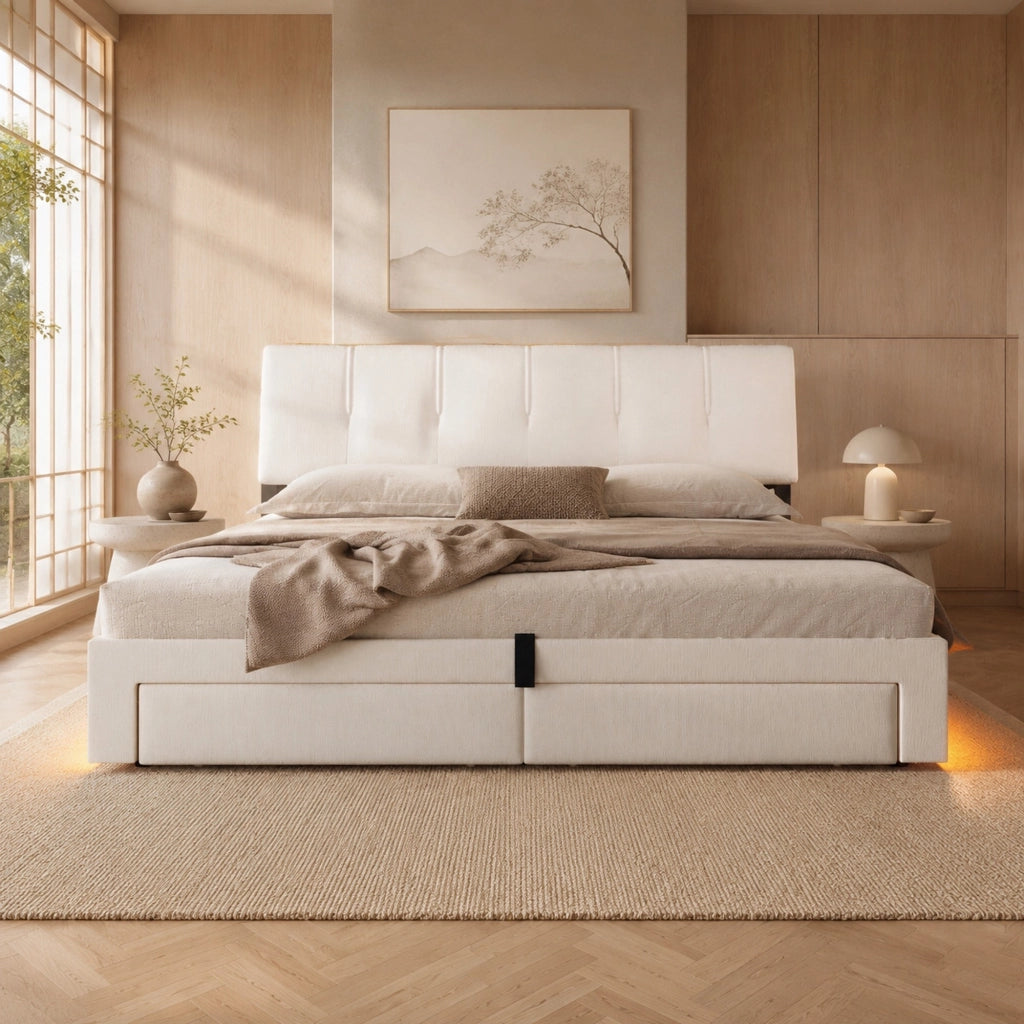 Letto imbottito con contenitore, USB e LED, 180x200 cm, beige