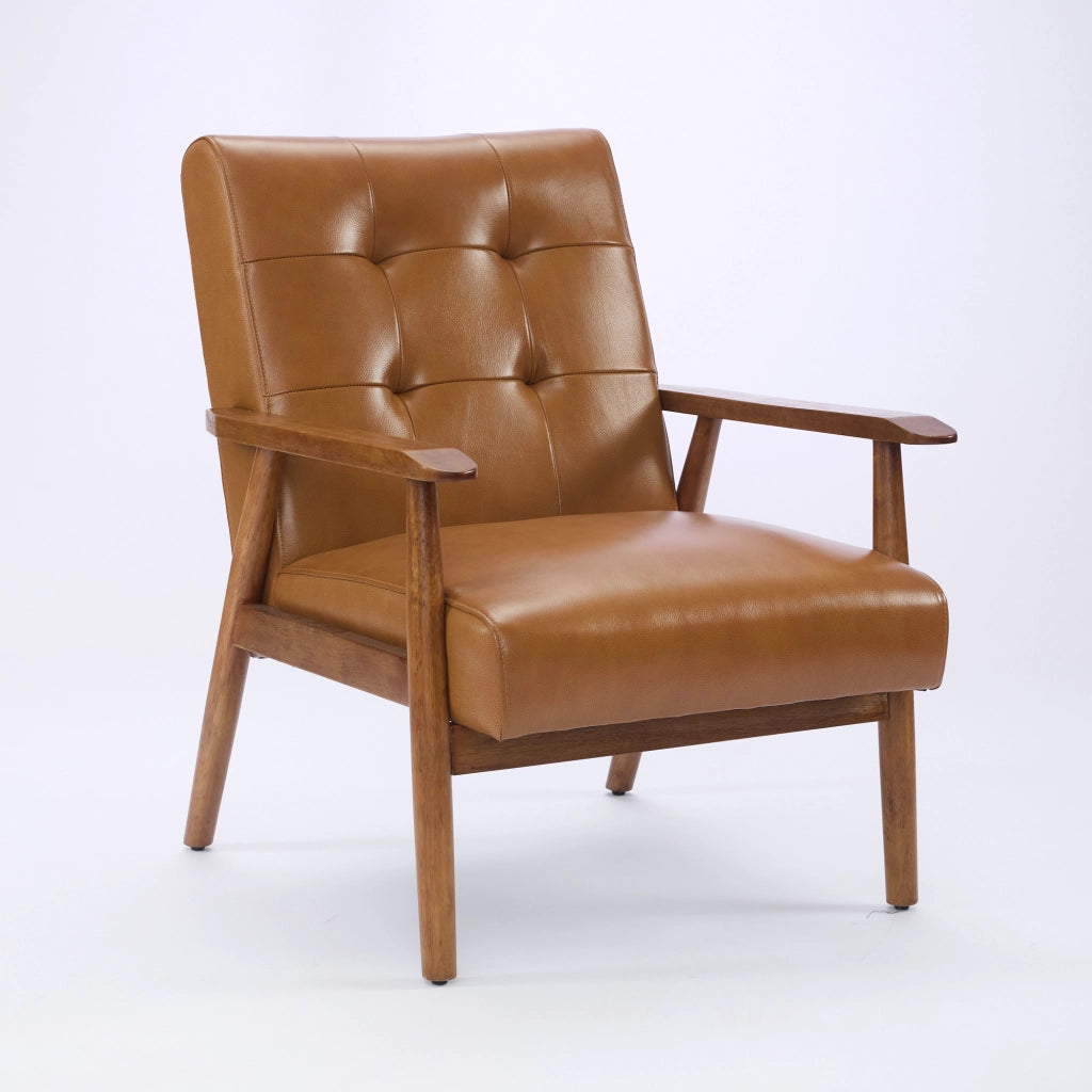 Poltrona Loungesessel con Schienale con Cuciture Pull-Point e Struttura Stabile, in Pelle, Legno, Marrone Chiaro