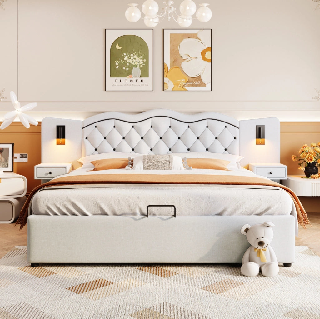 Letto imbottito 180x200 cm con contenitore, USB e luci integrate