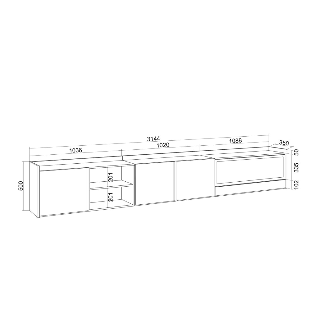 Mobile TV Soggiorno, 315x50x35 cm, Per TV fino a 80", Camino elettrico XXL, Sospeso, da appendere, Rovere scuro e Nero