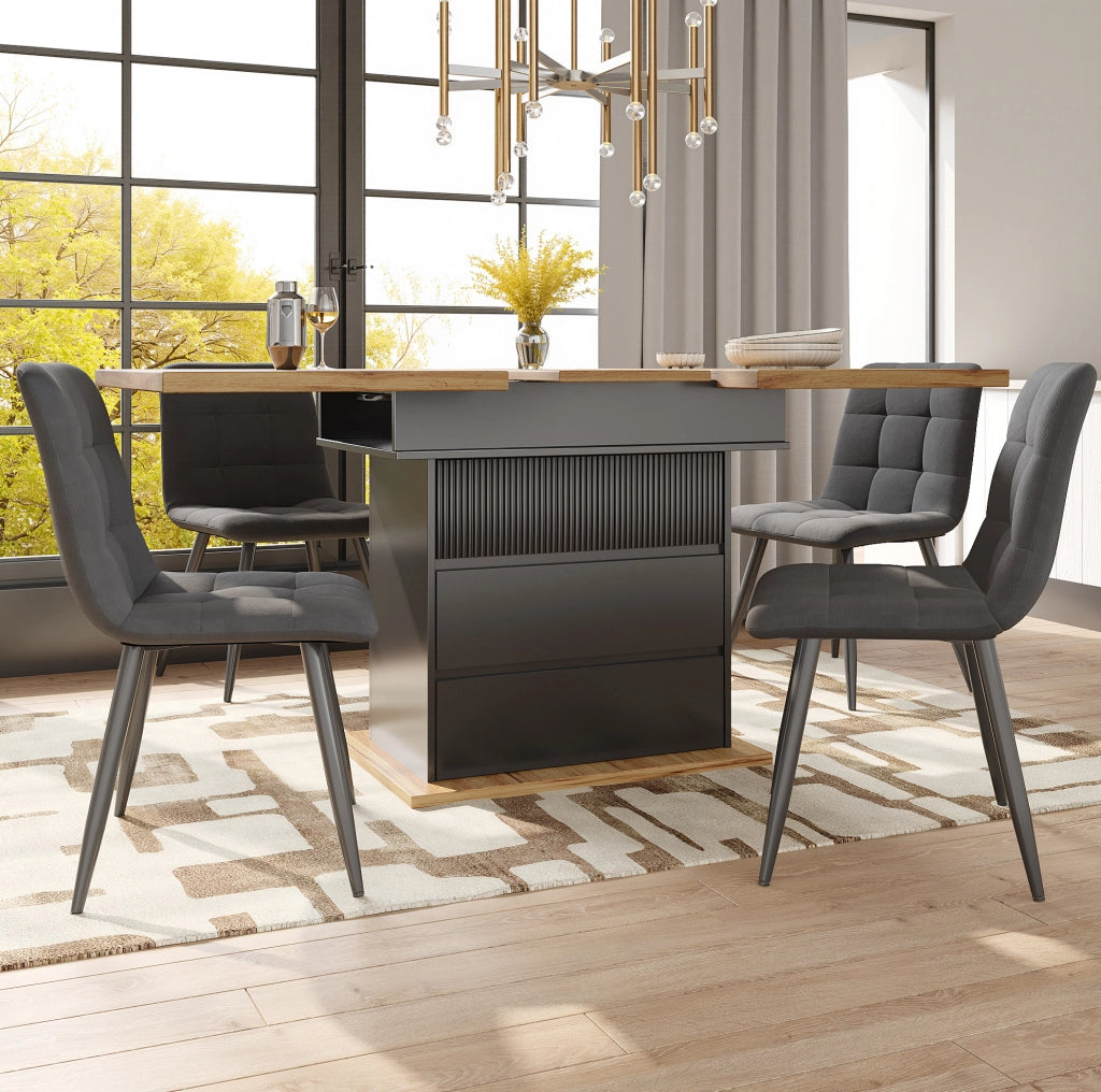 Tavolo da pranzo allungabile 110-140x80x75 cm con vano contenitore; MDF nero e naturale