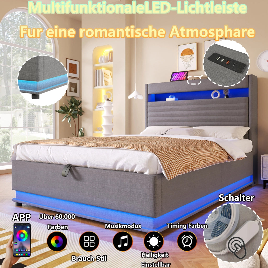 DESMIU Lit Contenitore 90 × 200 cm 1 posto con LED, USB, Type-C, apertura idraulica, senza materasso, grigio