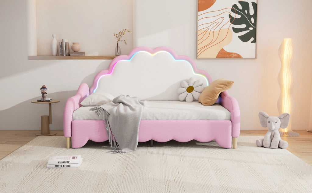 Letto matrimoniale trasformabile 140 × 200 cm in PU rosa con testiera LED e rete a doghe