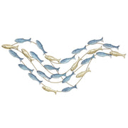 WALL ART BANCO DI PESCI IN METALLO CON VITI INCLUSE, 99.7X3.8X50.2 CM, ORO E BLU
