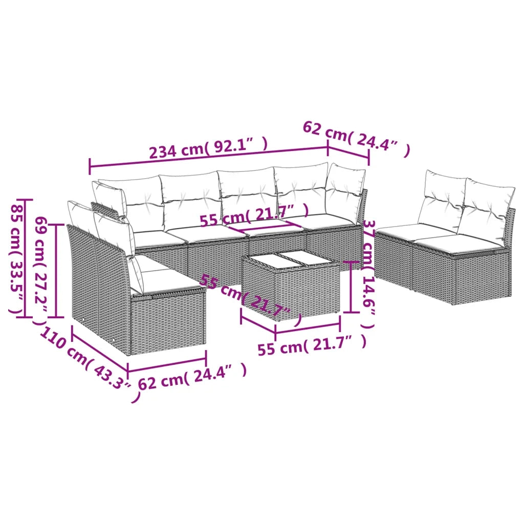 Set Divano da Giardino 9 pz con Cuscini Grigio in Polyrattan 3249299