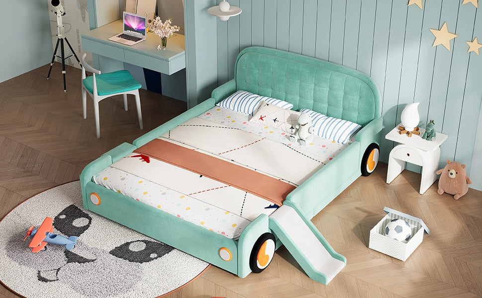 Letto per bambini 140 × 200 cm con scivolo e scala, montaggio sinistra/destra, senza materasso, in velluto bluverde