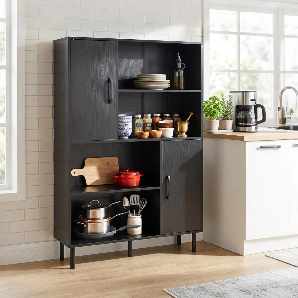 Credenza mobile da cucina con 2 ante 4 ripiani aperti e 5 gambe in metallo, Libreria verticale in legno Nero