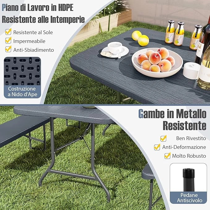 Tavolo Pieghevole Giardino da 180 cm, Tavolo Picnic in HDPE, con Meccanismo di Blocco Sicuro, Tavolo Esterno per per Festa, Picnic, Campeggio, Portata 160 kg