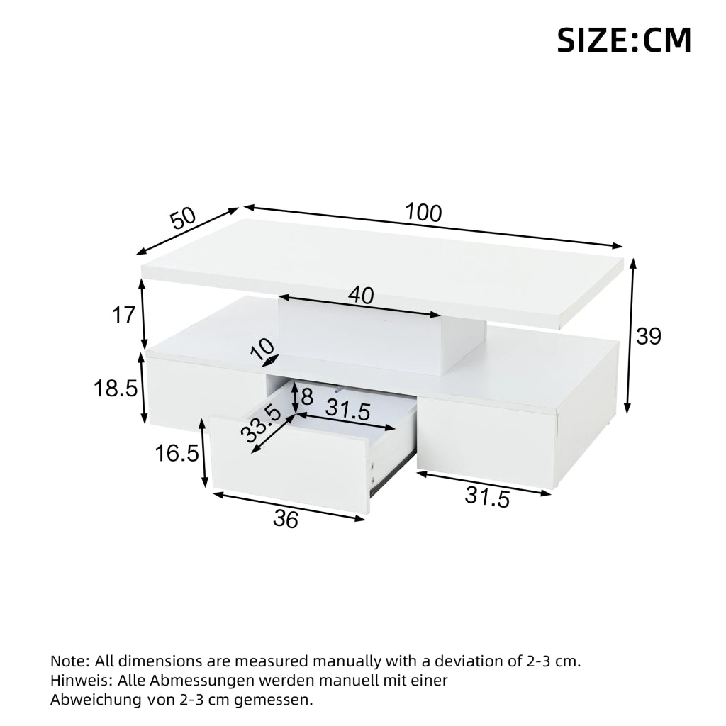 TAVOLINO DA SALOTTO 100x50x39 cm Bianco con LED, 1 cassetto e vano aperto