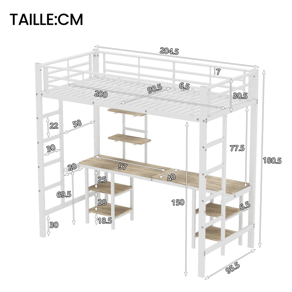 Letto a Soppalco Letto Singolo con Scrivania; Scaffali e Sponda; 90×200 cm; senza Materasso; Metallo e MDF; Bianco