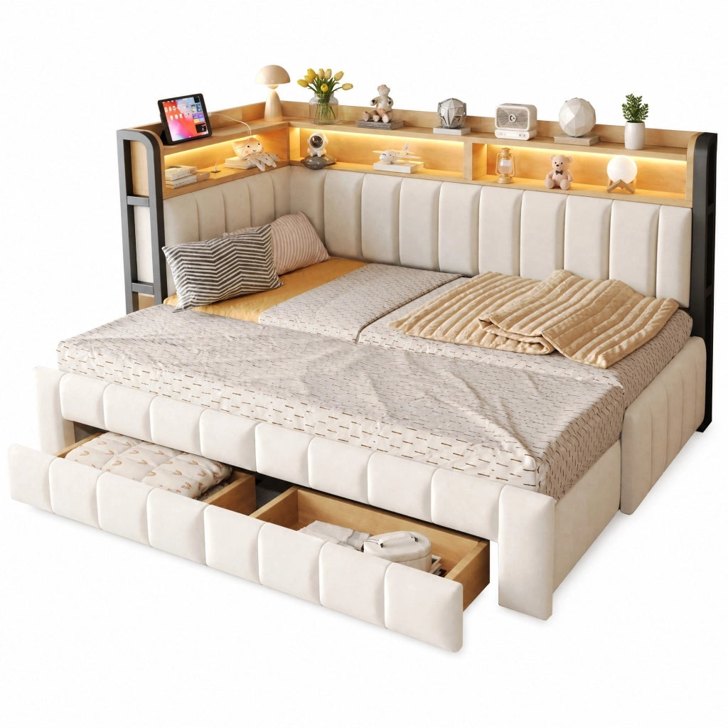 Divano letto imbottito con letto estraibile 90x200 cm; contenitore; LED; USB; beige