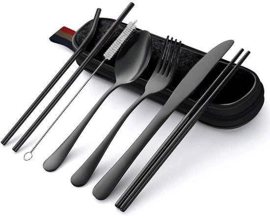 Set di attrezzi da campeggio - Acciaio inossidabile - 8 pezzi - Nero