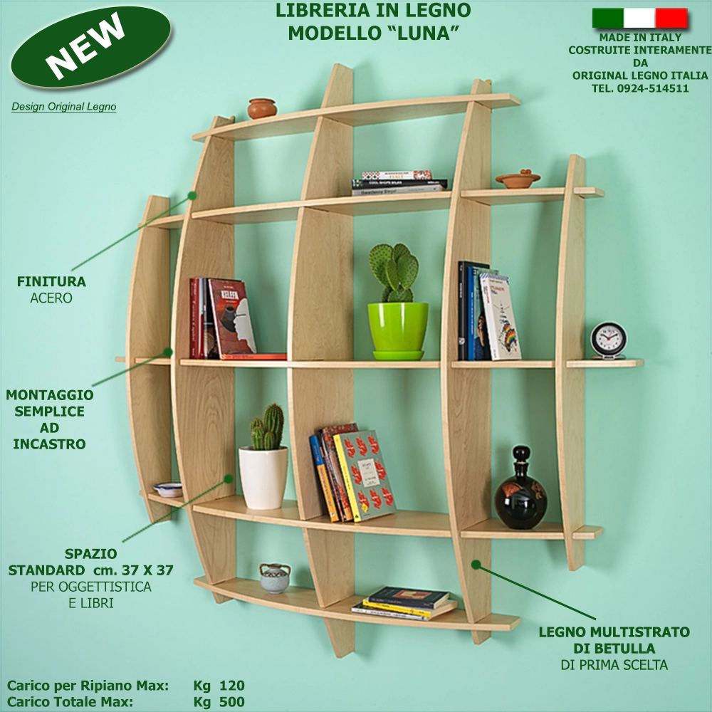 LIBRERIA MENSOLA SCAFFALE IN LEGNO MODELLO LUNA CON 5 RIPIANI FINITURA ACERO L.150  x P.30 x H.150 MADE IN ITALY ORIGINAL LEGNO ITALIA
