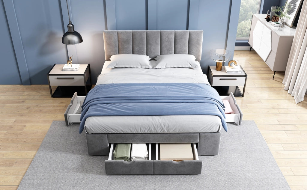 DESMIU Letto imbottito 140 × 200 cm 2 posti con 4 cassetti, testiera regolabile, senza materasso, velluto grigio