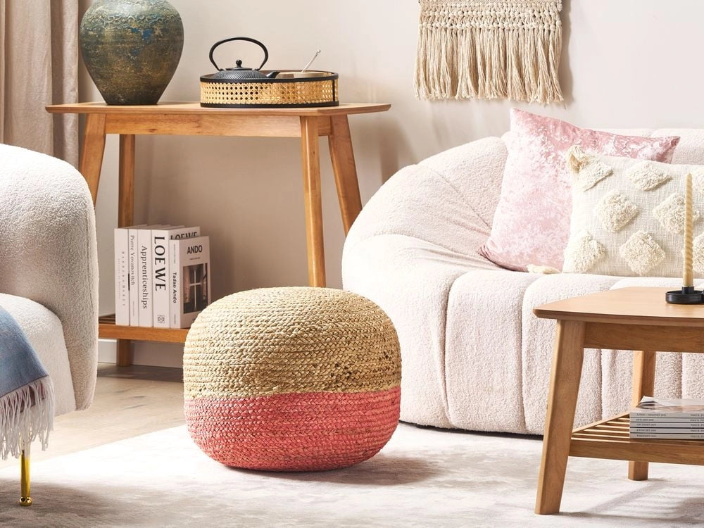 Pouf in iuta naturale rosa beige 50 x 35 cm pouf in EPS che riempie l'accessorio boho