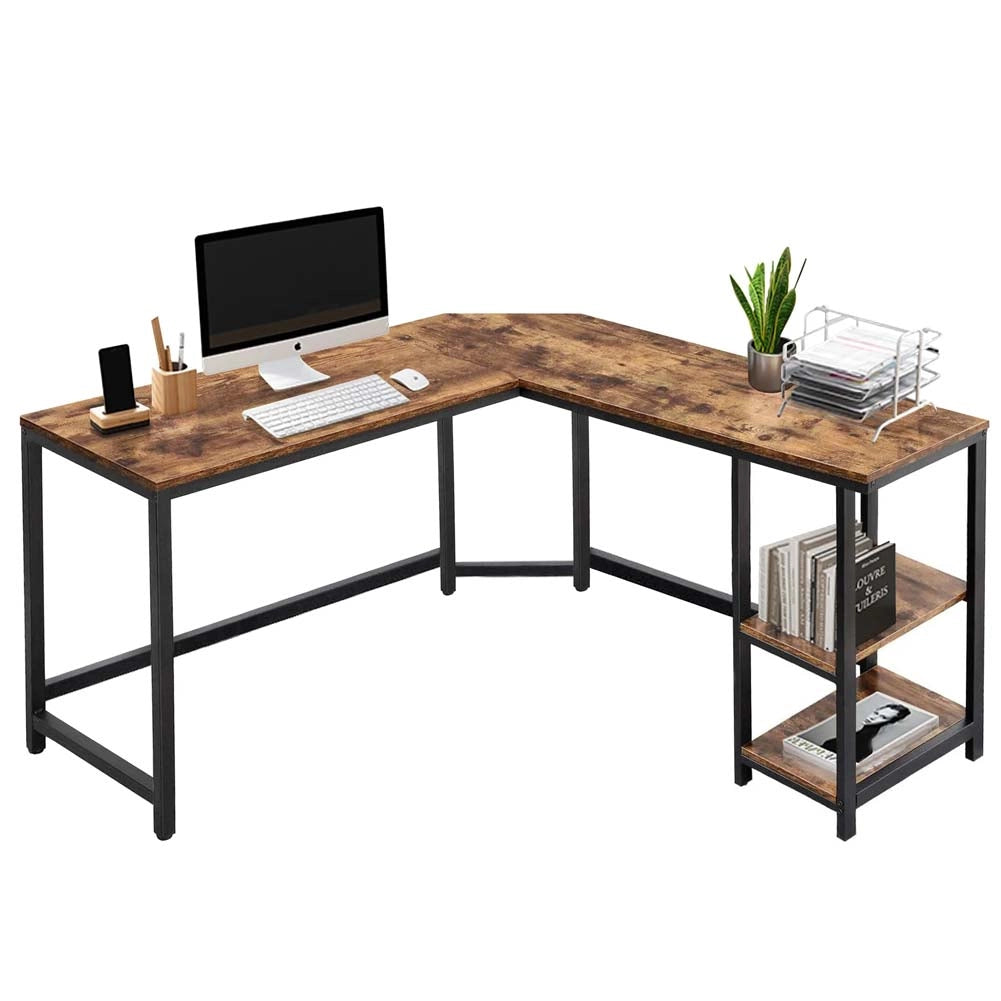 Scrivania Angolare Porta PC Stile Industriale con Libreria in Metallo e Legno mdf
