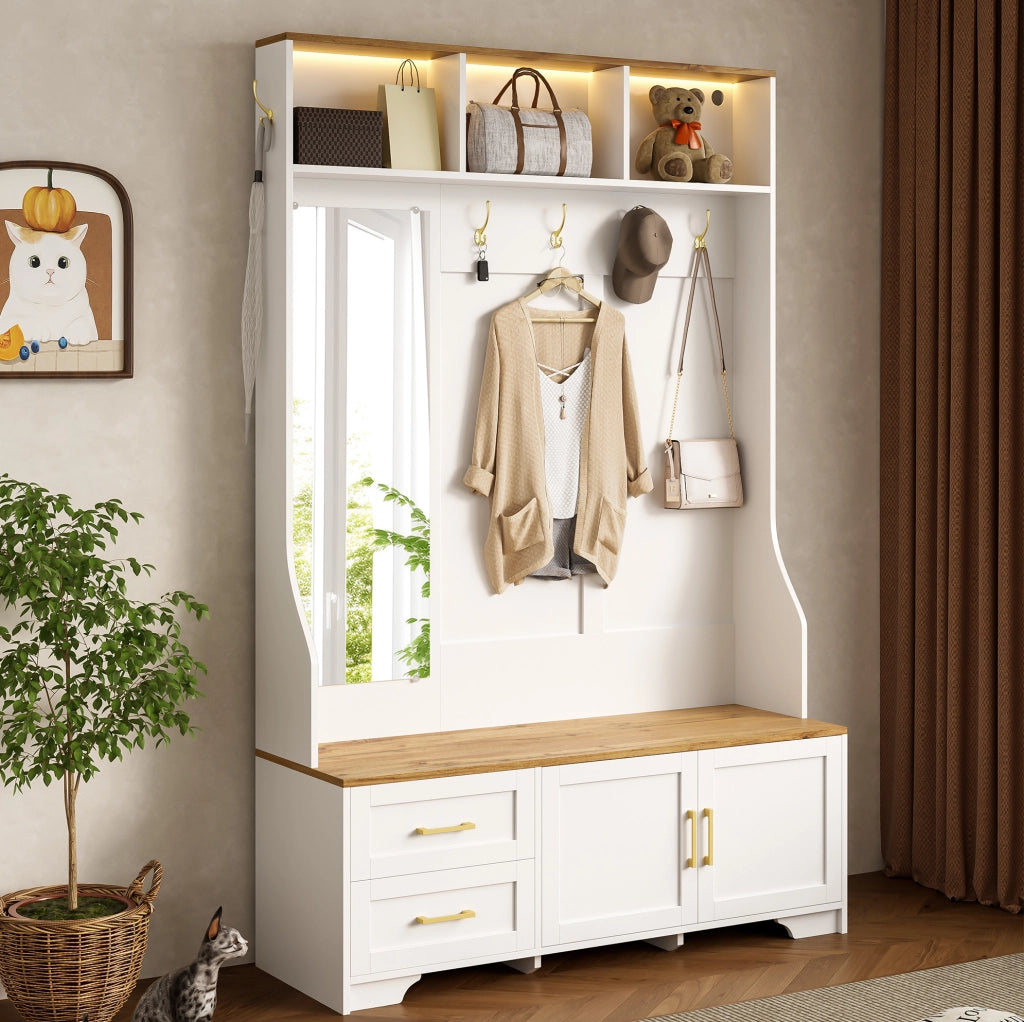 Mobile ingresso multifunzione con LED; specchio; ganci e cassetti; 120x40x187 cm; MDF