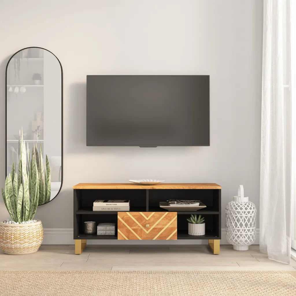 Mobile Porta TV-Mobile per TV-Credenza TV Marrone e Nero 100x33,5x46 cm in Legno di Mango 179563