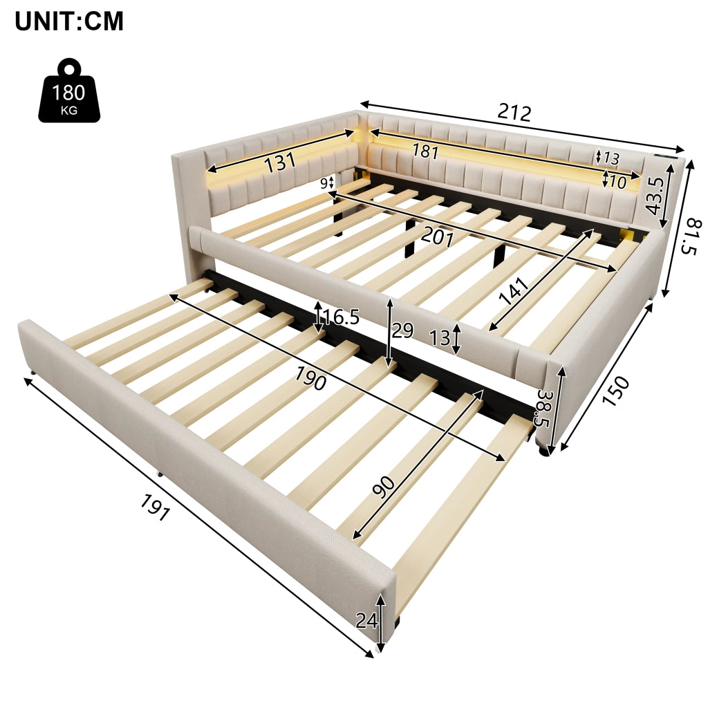Daybed in lino beige 140x200 con LED telecomandato e letto estraibile USB/Type-C