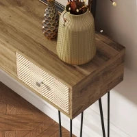 Tavolo Consolle con 3 Cassetti e Gambe in Acciaio, Stile Bohemien, Legno Naturale