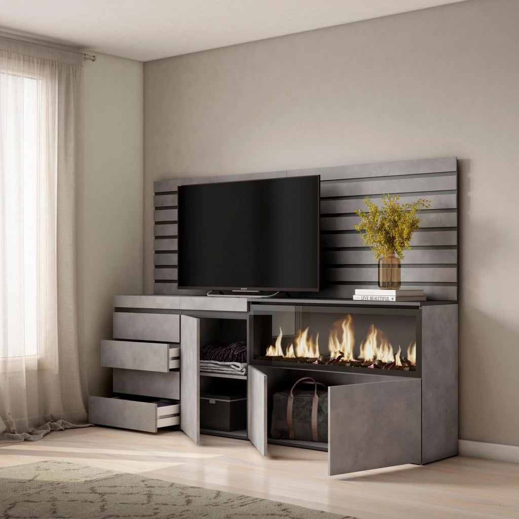 Credenza, 214x35x145cm, Camera da letto, Camino elettrico XXL, Cassettiera, grigio cemento RF3416