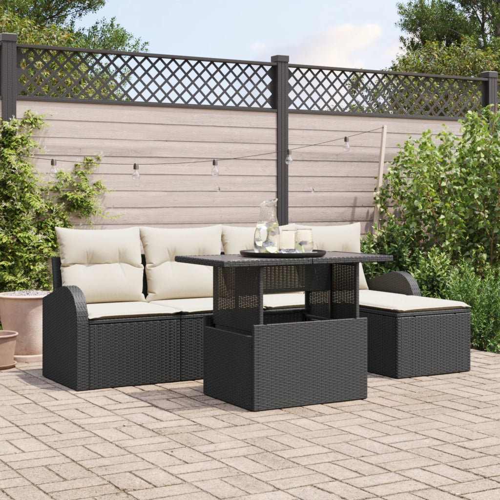 Set divano da giardino  da 6 pezzi con cuscini in polyrattan nero
