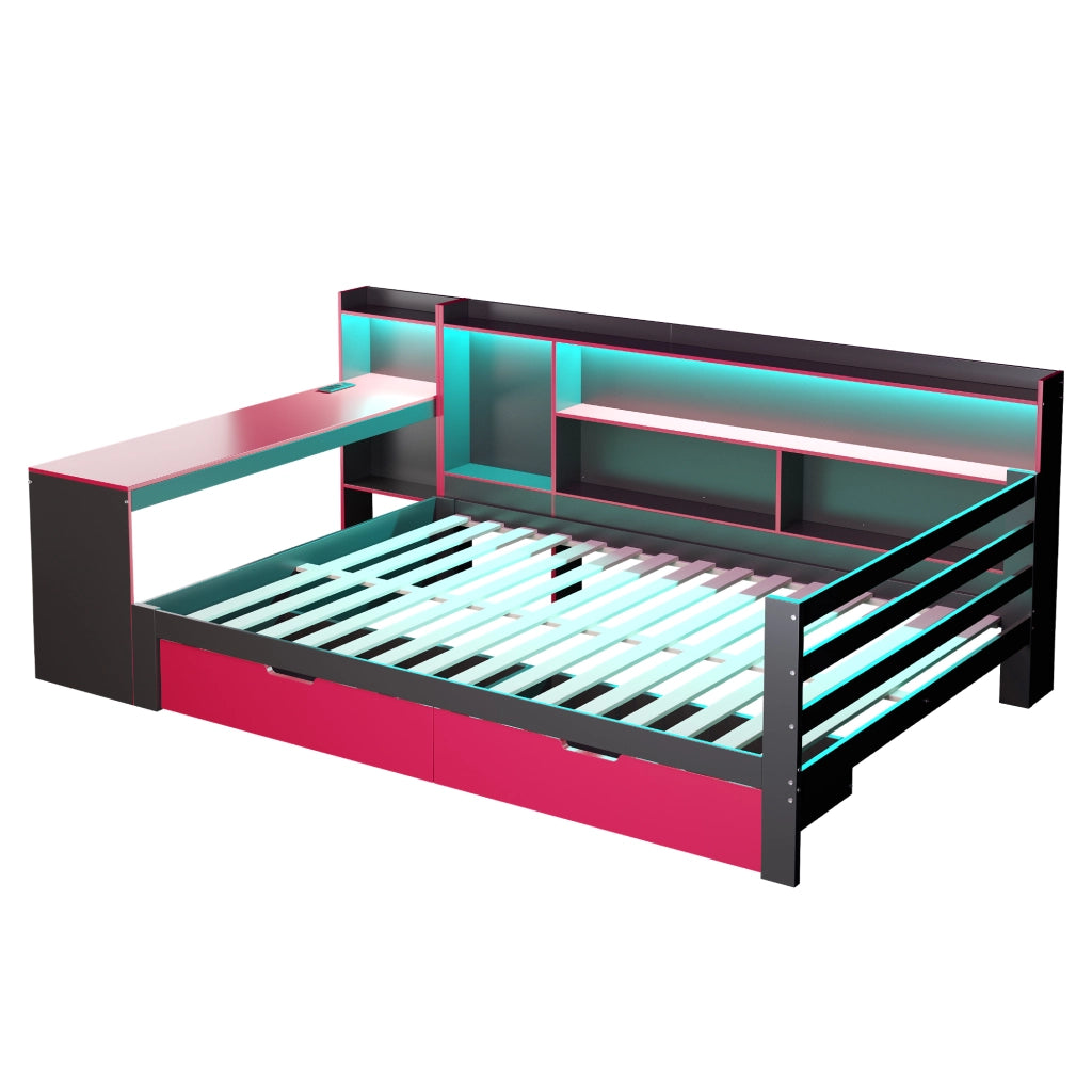 OKWISH Letto Combinato 140×200 cm, Letto Matrimoniale con Scrivania, Libreria, Mensole, LED, USB, 2 Cassetti, senza Materasso, Nero e Rosso