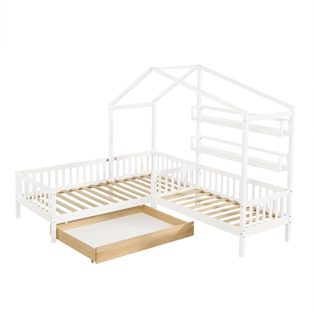 Letto casetta per bambini 200 × 90 cm e 140 × 70 cm con barriera; cassetto e 2 mensole; senza materasso