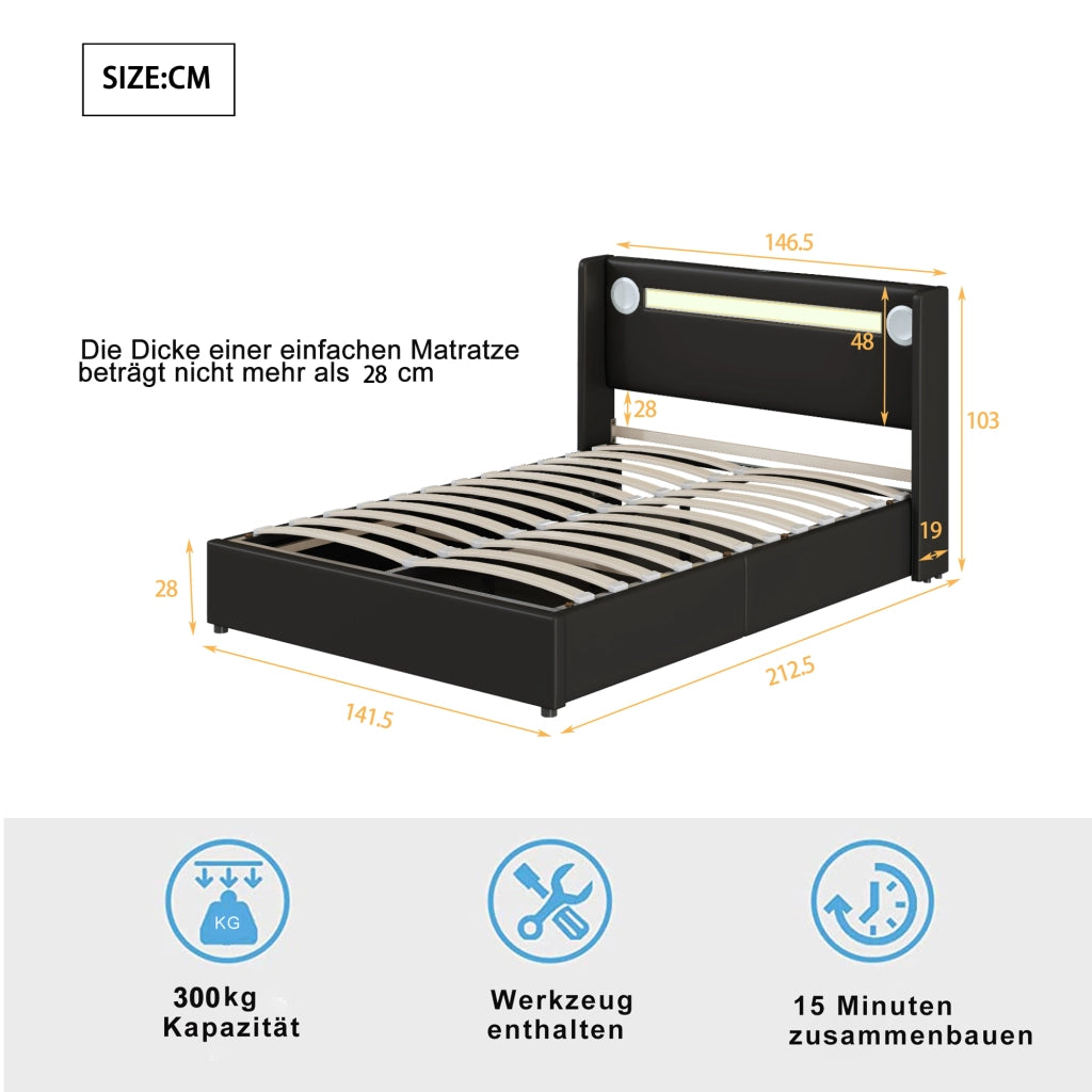 Letto Contenitore Imbottito con LED 140x200 ¨C MINIMAL ¨C Similpelle Nero, Rete a Doghe