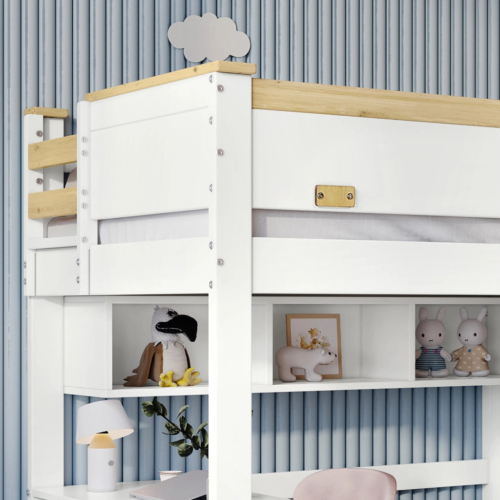 Letto a Castello 90x200 cm - Scrivania; Armadio e Scaffale Aperto - in Legno e MDF - Bianco e Naturale