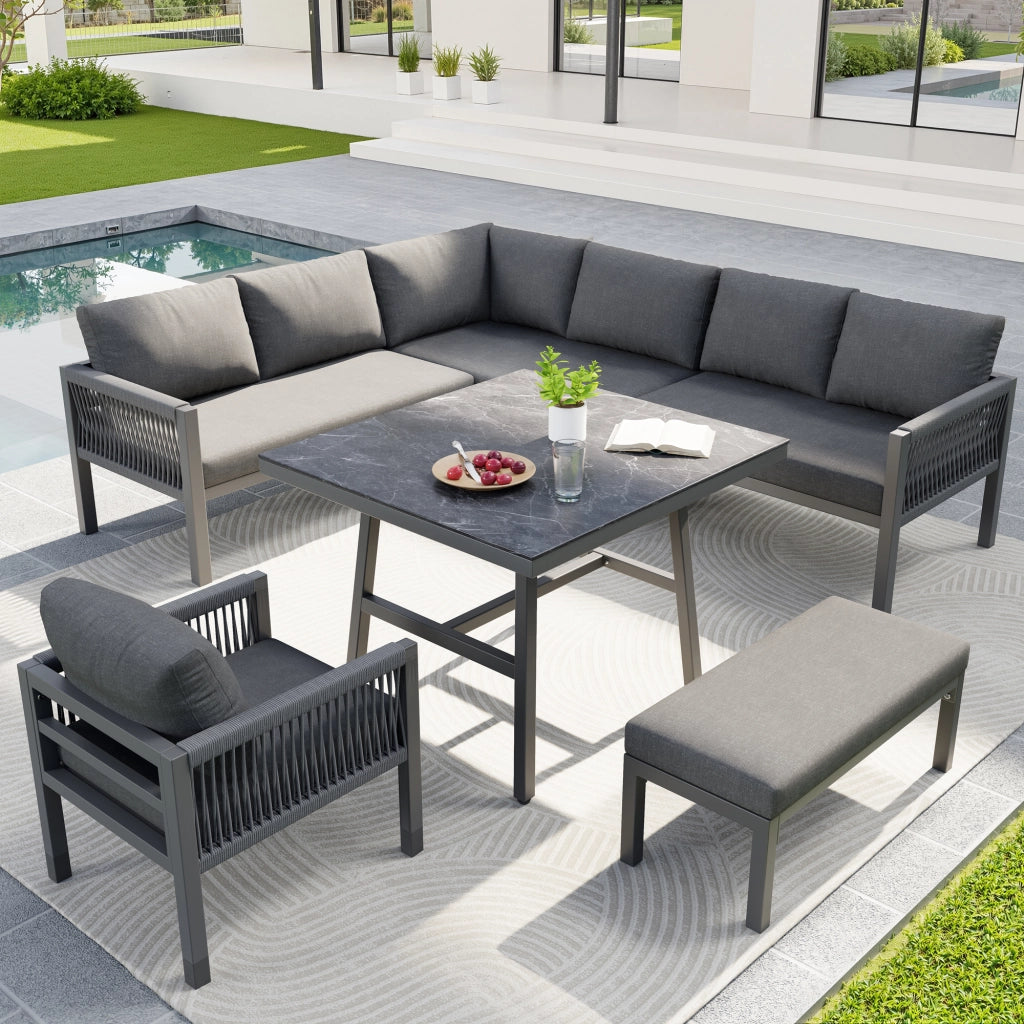 Salotto da Giardino con 3 Divani 2 Posti; 1 Divano Angolare; 1 Poltrona; 1 Panca e 1 Tavolino; per 8 persone; Ferro; Grigio