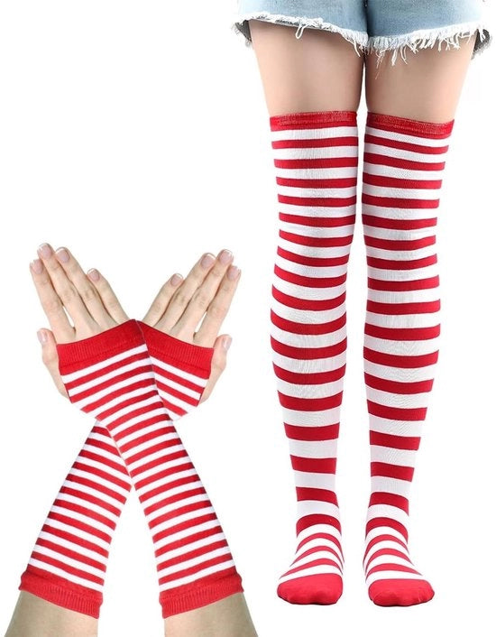 Set di calze da ginocchio extra alta - calze con strie ai ginocchi - guanti senza dita - costume da Halloween - morbido/compatibile con la pelle - tessuto elastico