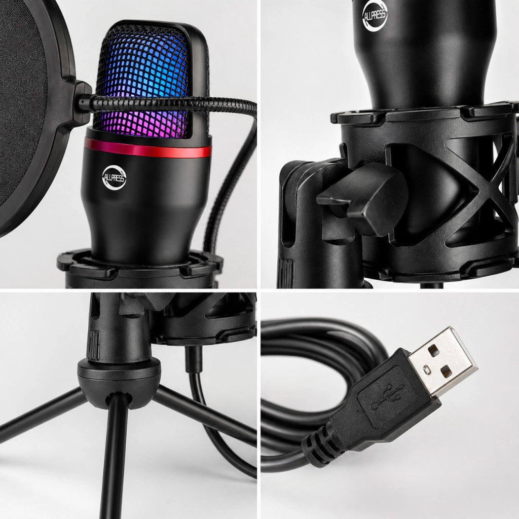 MICROFONO USB A CONDENSATORE TREPPIEDE FILTRO POP RGB STREAMING PODCAST AS-06022
