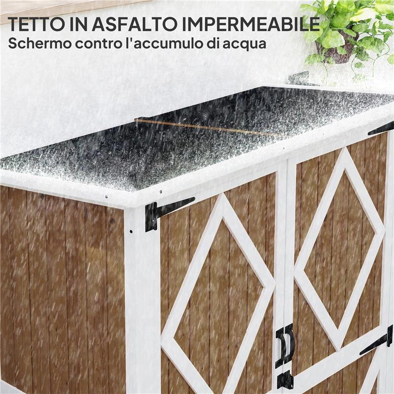 CAPANNO DA GIARDINO IN LEGNO DI ABETE CON 2 RIPIANI E 2 PORTE 116.5X57X159/167 CM MARRONE E BIANCO