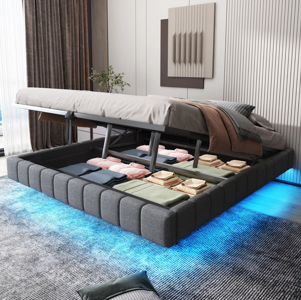 Letto matrimoniale imbottito 180x200 cm con contenitore; LED; effetto sospeso; grigio