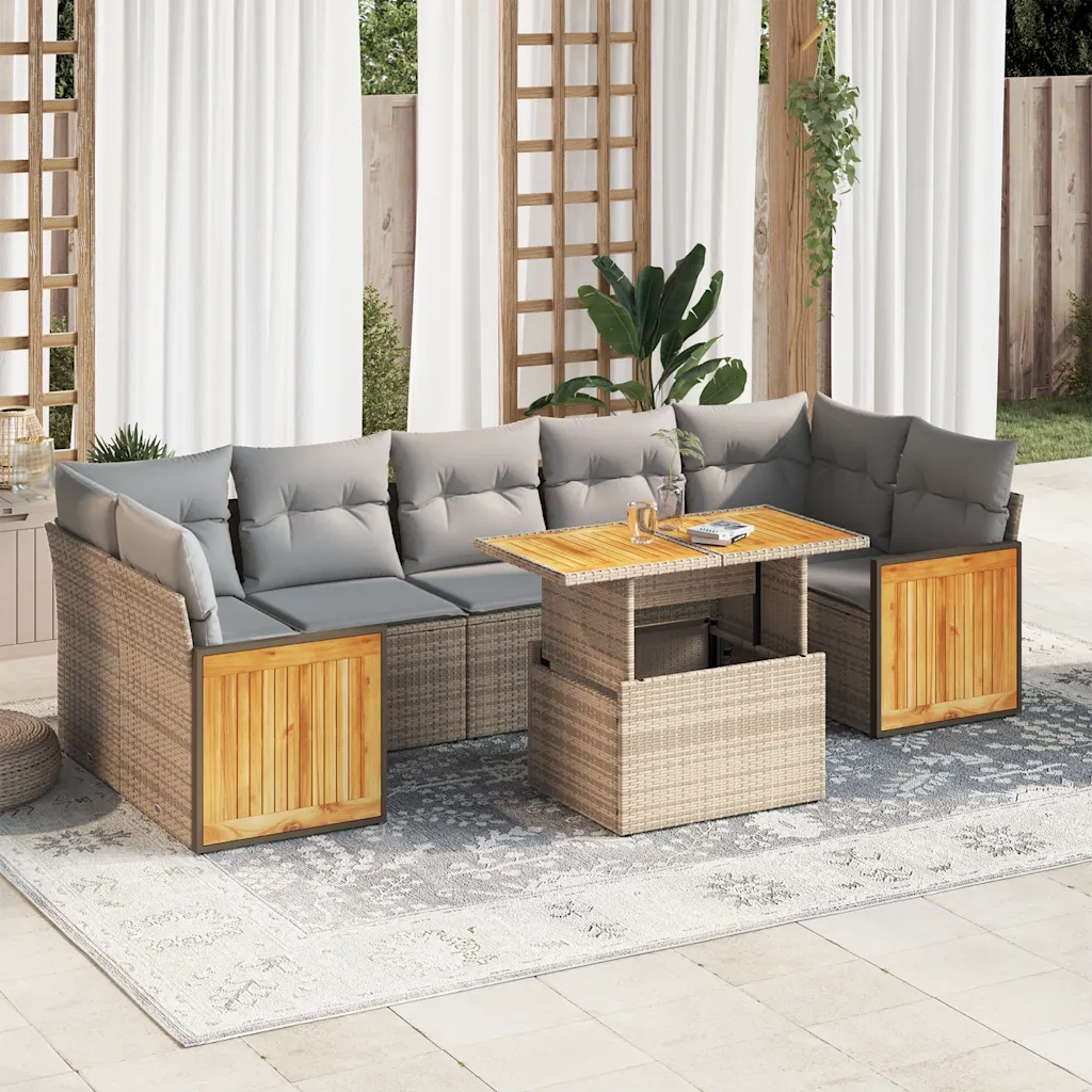 Set Divano da Giardino 8 pz con Cuscini Beige Polyrattan Acacia