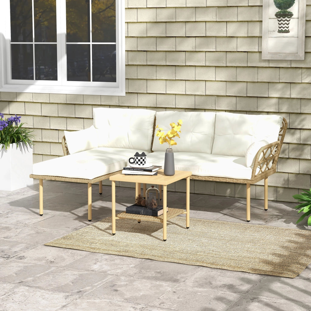 Set da Giardino 3pz con Chaise Longue, Divanetto, Cuscini e Tavolino, in Rattan e Acciaio, Bianco Crema e Legno