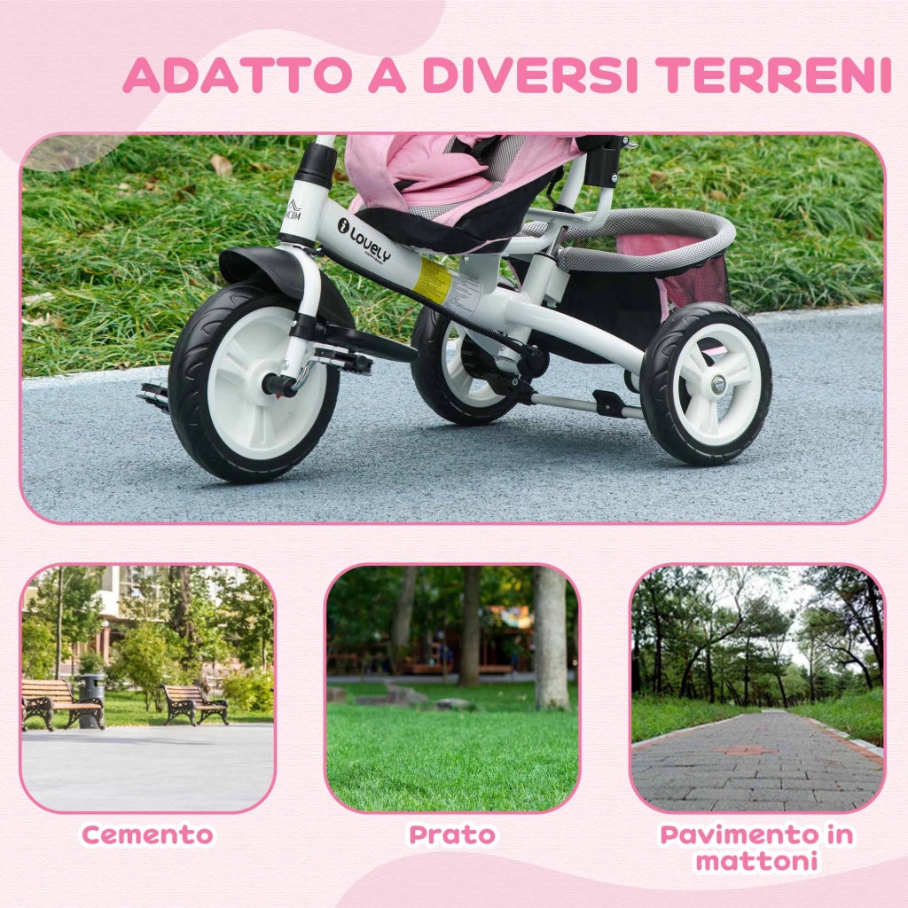 Triciclo Bambini con Tettuccio Regolabile ¨C Minimal ¨C 102x49x102 cm Bianco Rosa