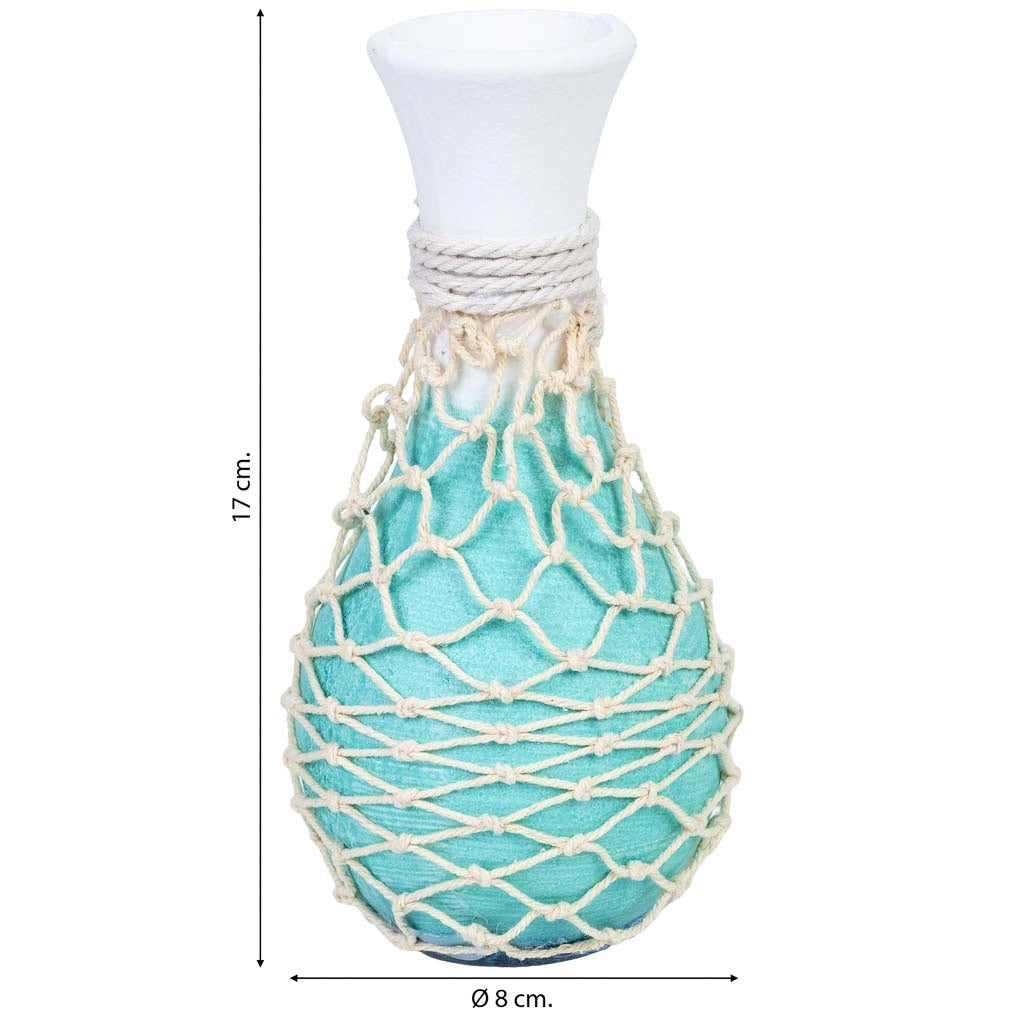 Vaso in legno con rete da pesca blu, 8x8x17h cm