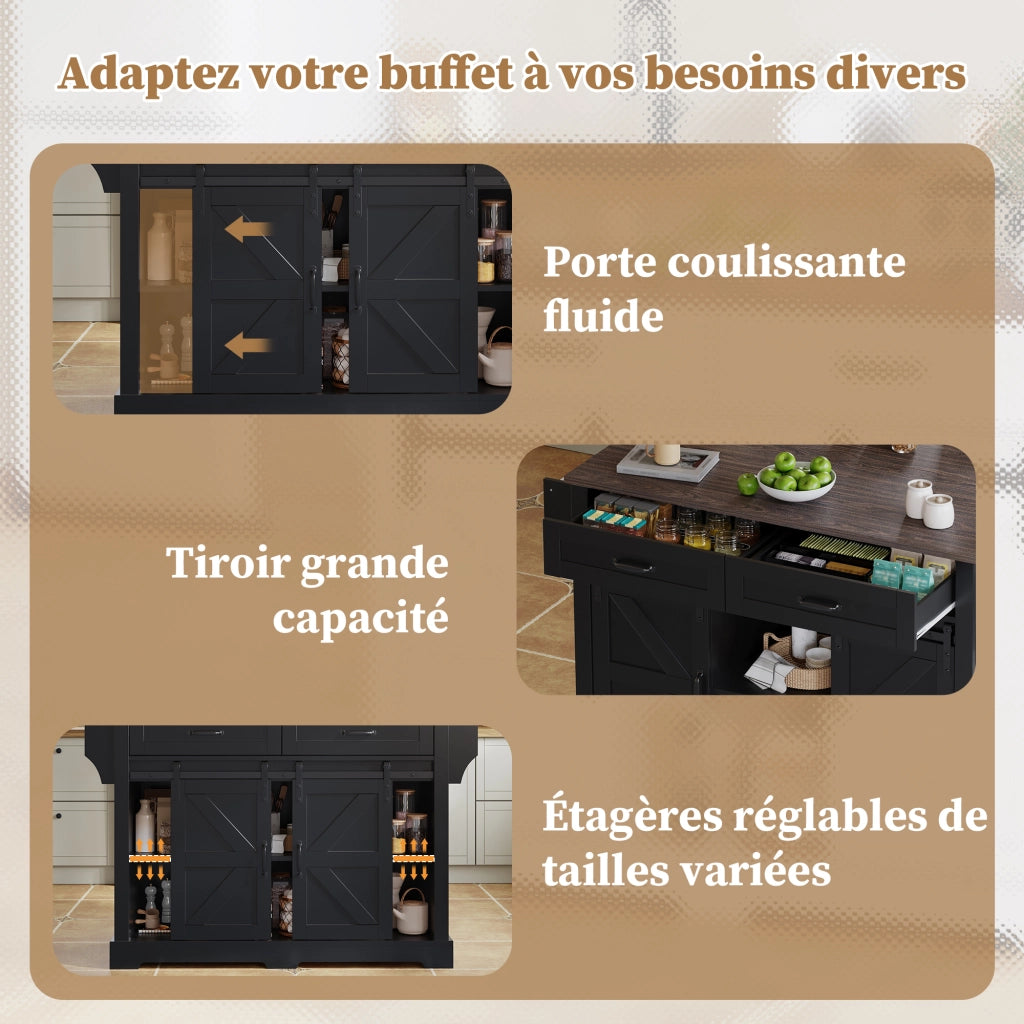 Carrello da Cucina con 2 Ante Scorrevoli; 2 Cassetti; Piano Ribaltabile e Ripiani Regolabili in MDF 120x45x91 cm Nero