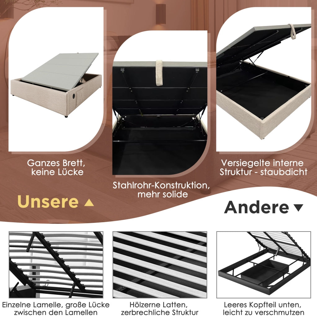 Letto contenitore per materasso 160x200 cm con USB e Type-C; lino beige e naturale; senza testiera