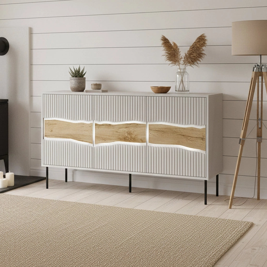 Credenza Saliceto, Madia da salotto con tre ante battenti e vani interni, Rialzata da terra, 144x40 h80 cm, Beige e Rovere Nodi